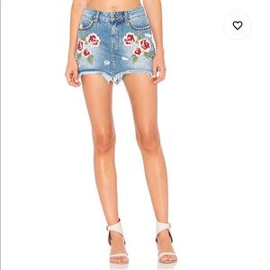 Free People FP embroidered denim mini skirt flower